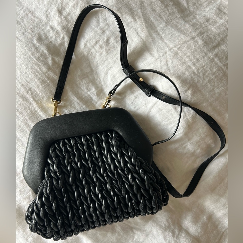 Themoire woven clutch with removable and adjustable strap